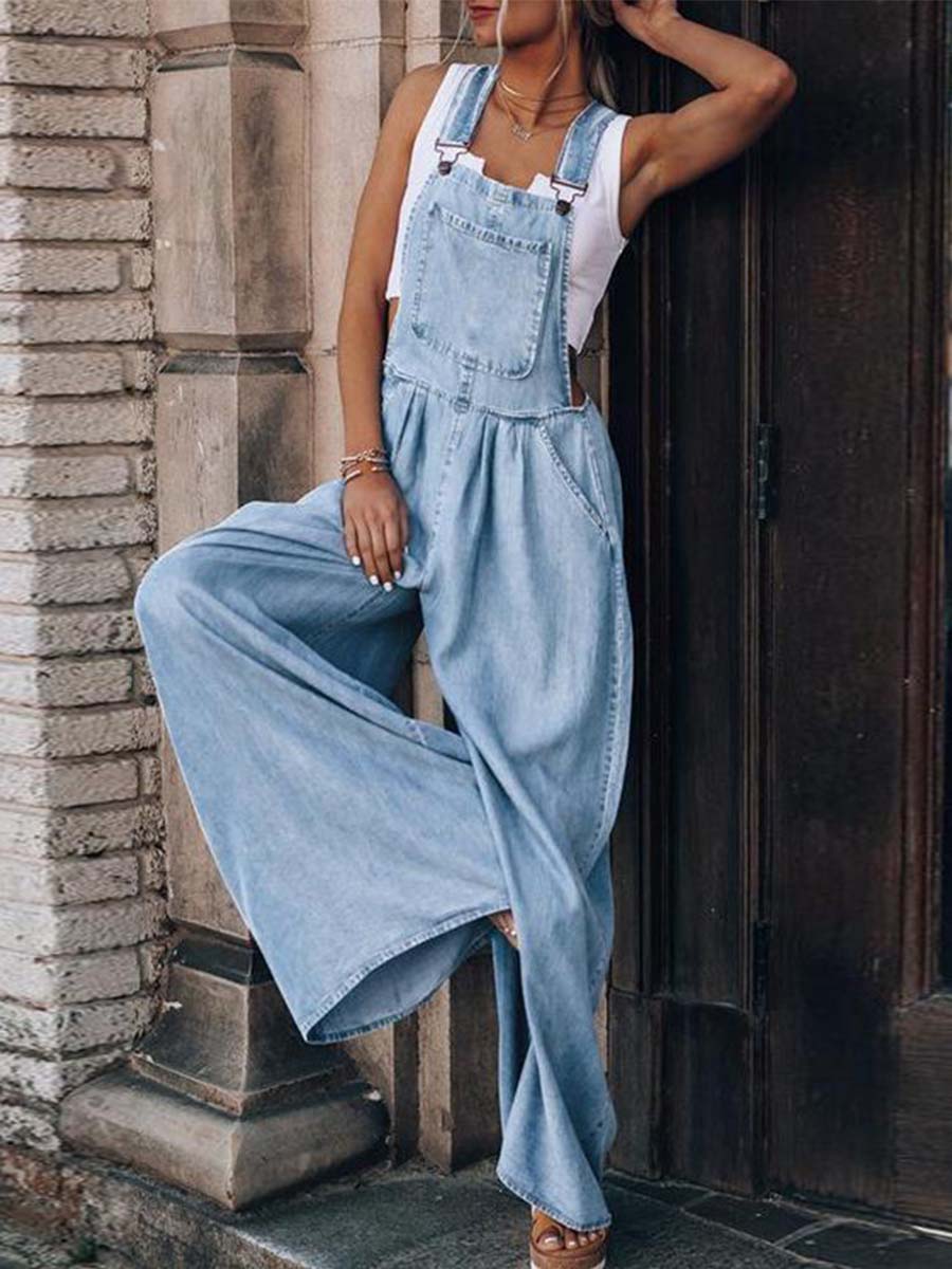 Vorioal Denim Loose Pocket Jumpsuit