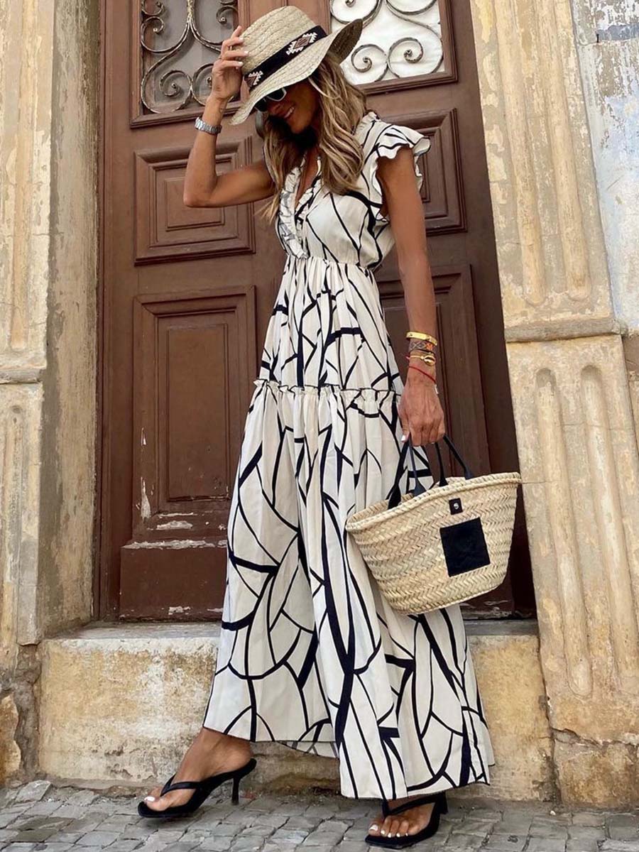 Vorioal Geometric Print Ruffle Maxi Dress