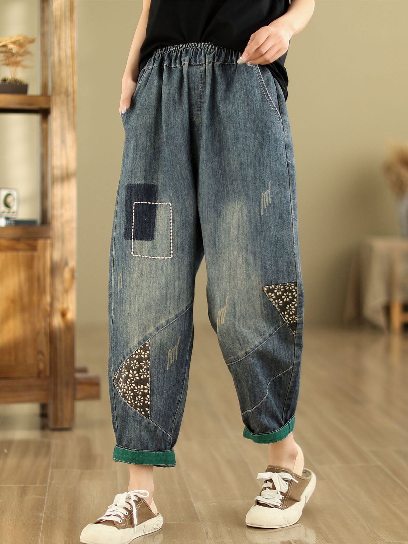 Pantalones harén vaqueros holgados bordados