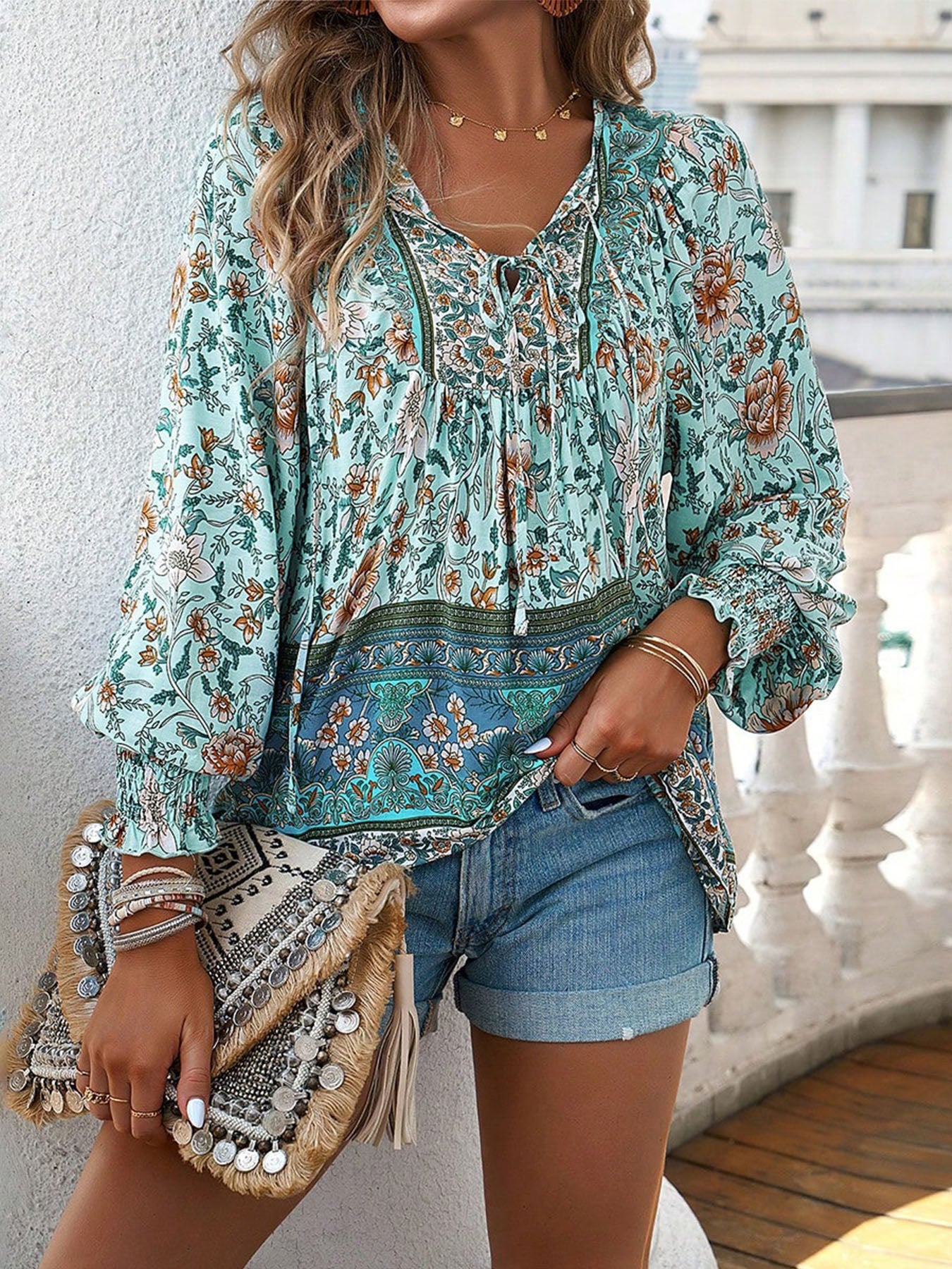 Boho Ruffle V-Neck Blouse