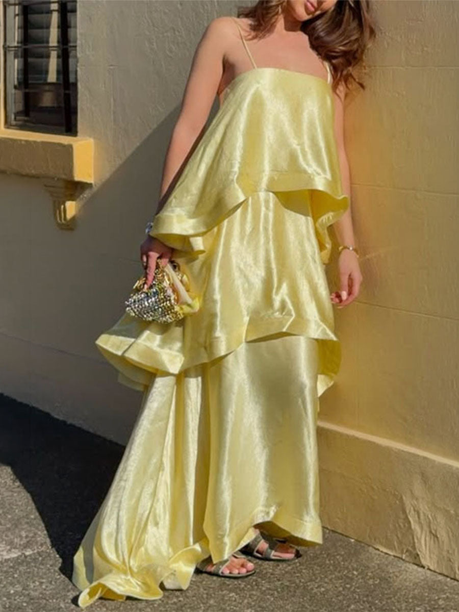 Satin Tiered Ruffle Maxi Dress
