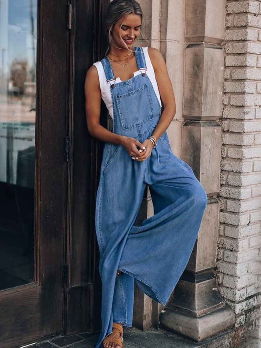 Vorioal Denim Loose Pocket Jumpsuit