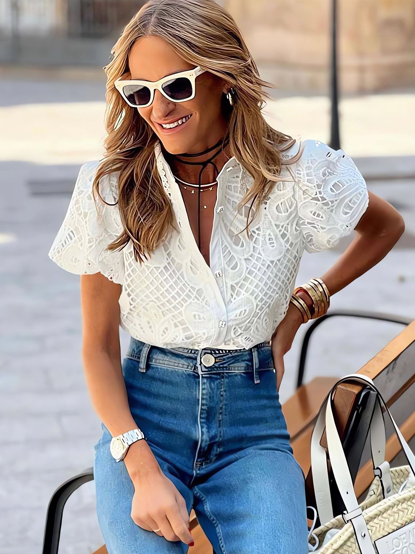 Hollow Lace Collar Shirt