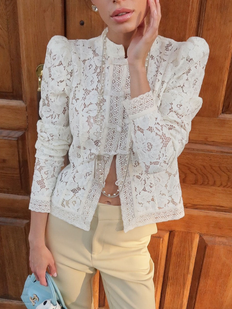 Lace Puff-Sleeve Cotton Tops