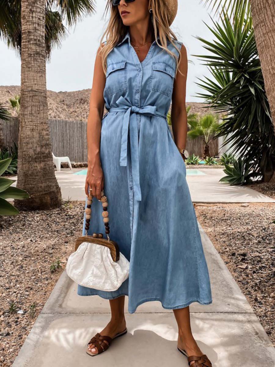 Single-Breasted Denim Belt Dress