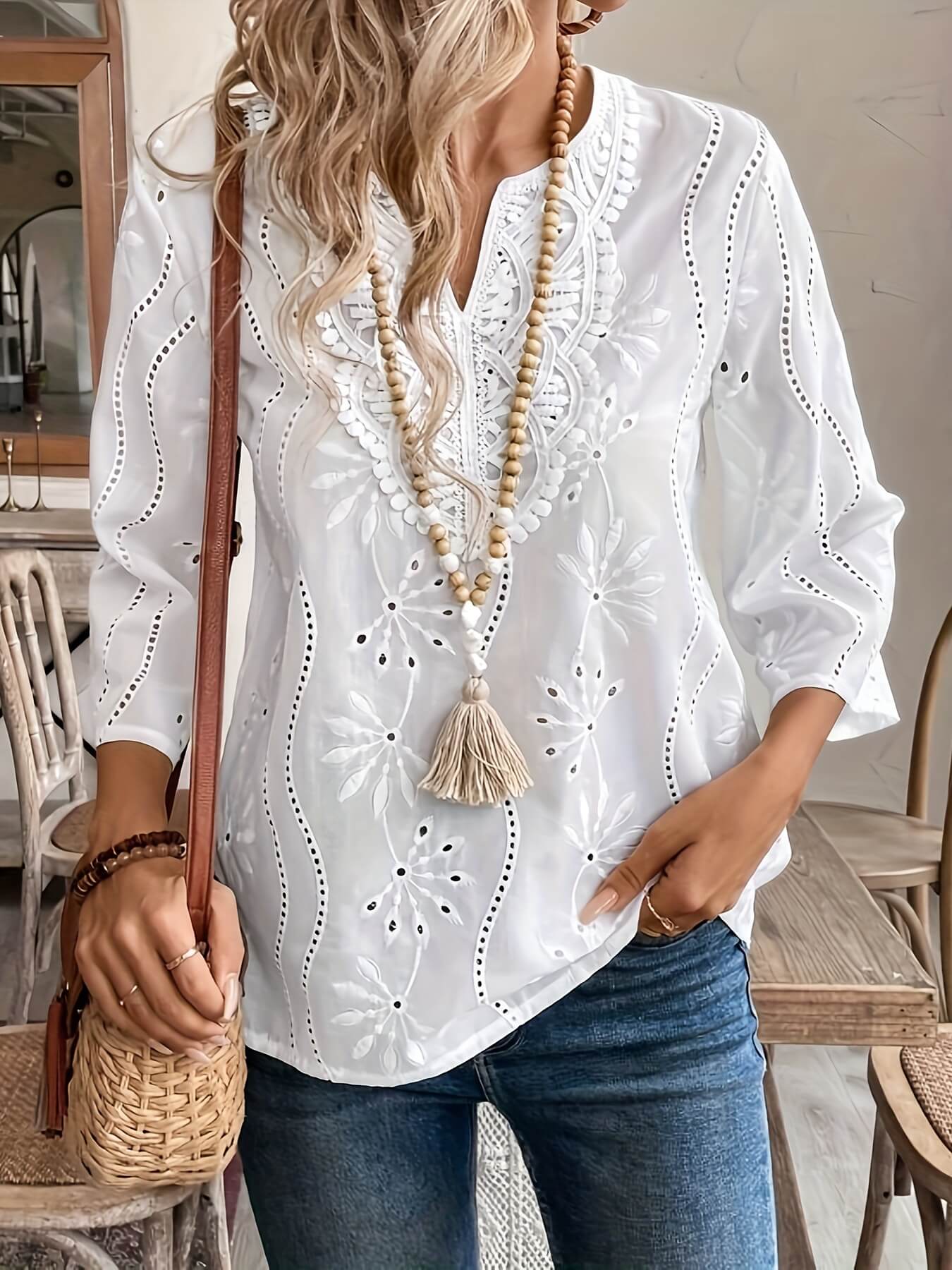Embroidered 2/3 Sleeve Lace Blouse
