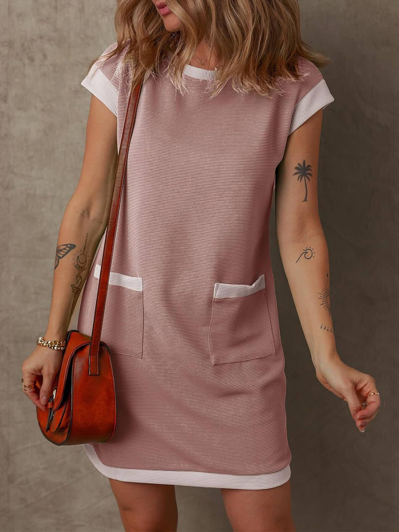 Straight Round Neck Pocket Mini Dress