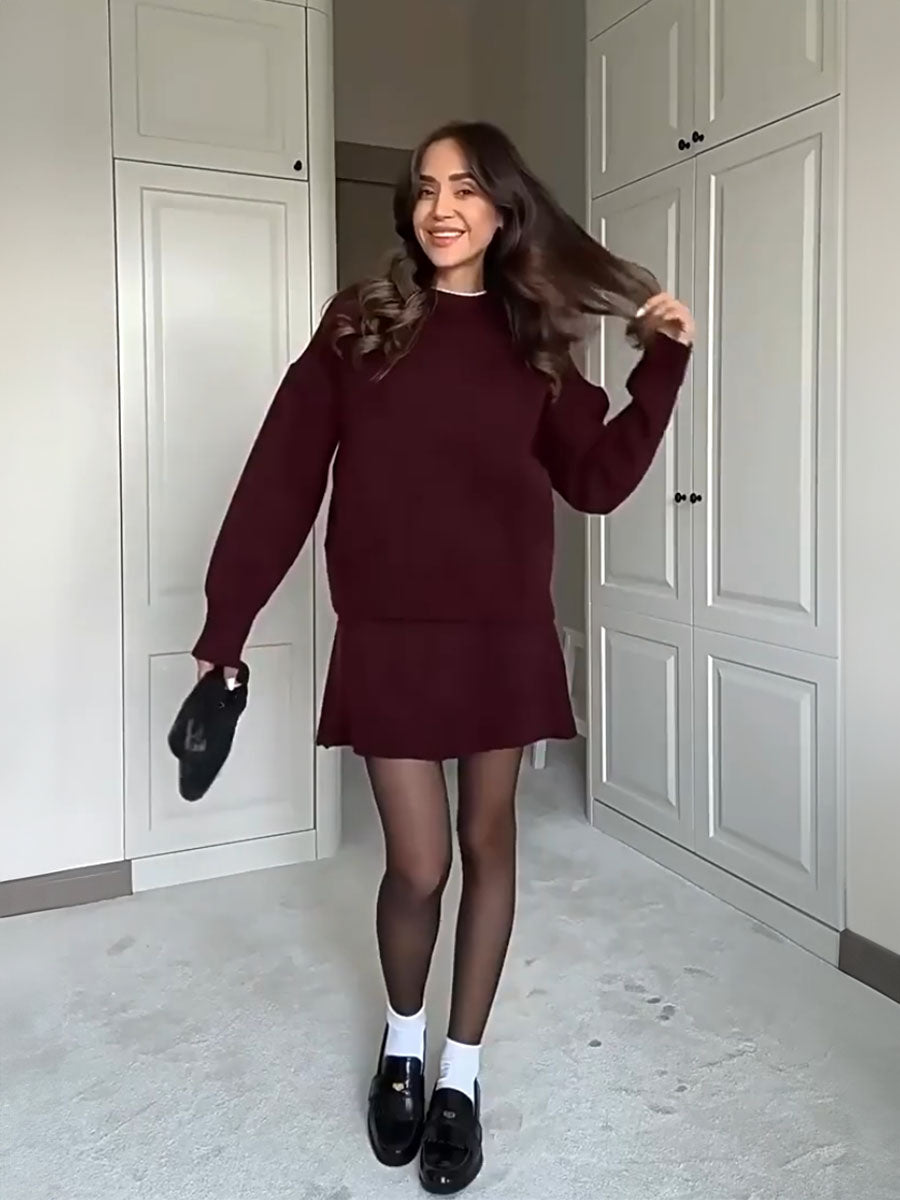 Warm Knit Pullover Mini Skirt Set