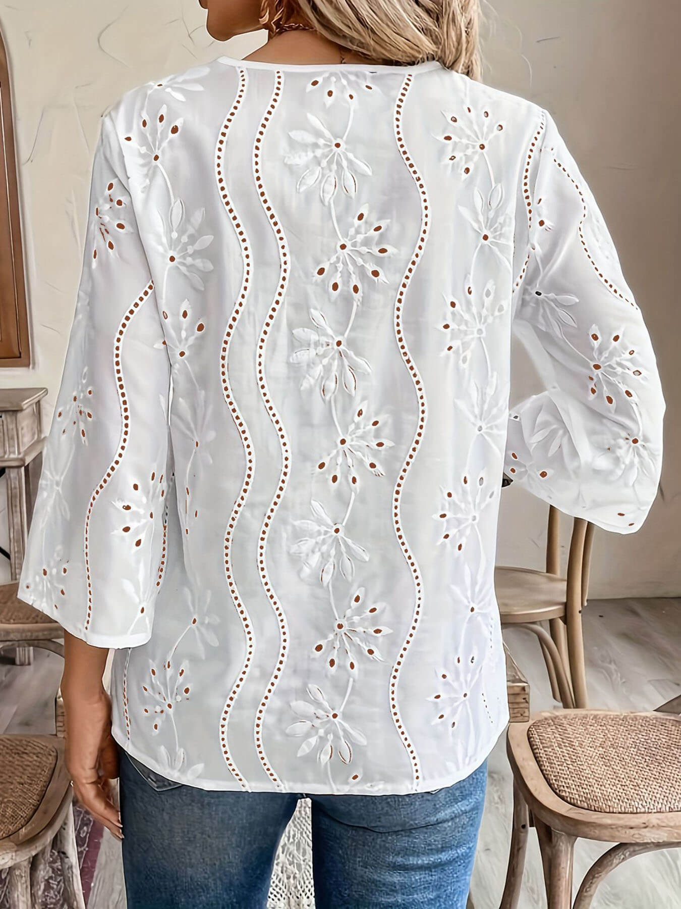 Embroidered 2/3 Sleeve Lace Blouse