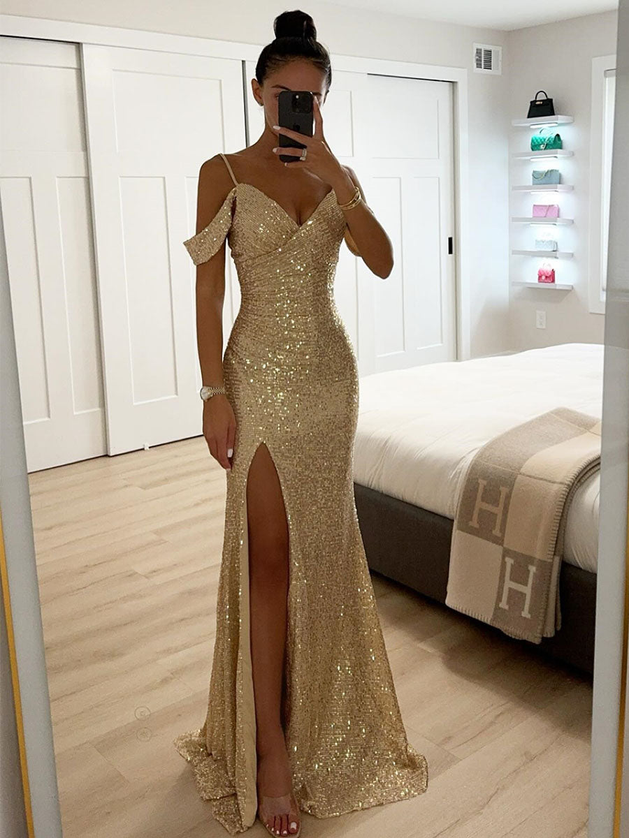 Sequin Sling Slit Evening Dress