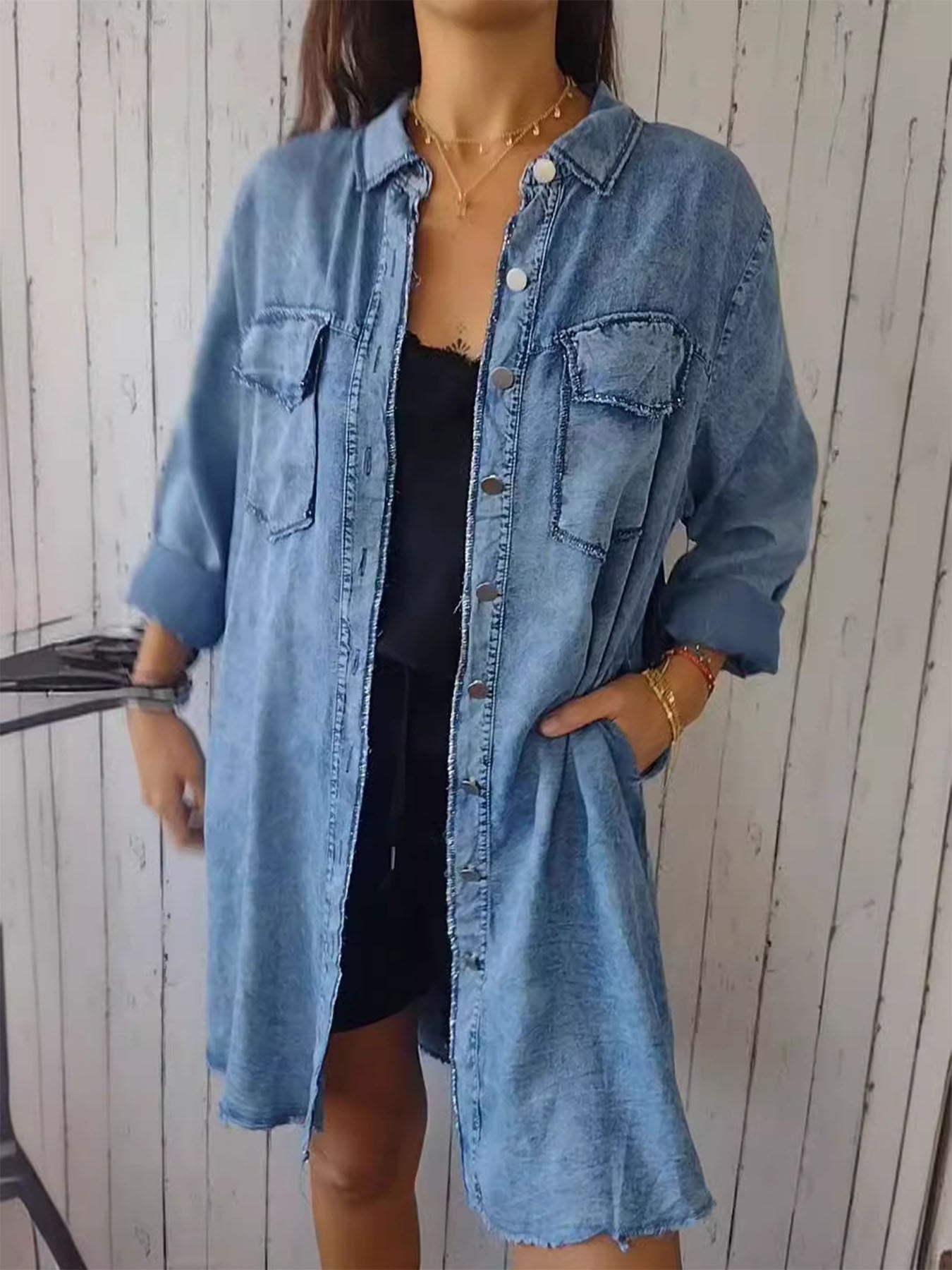 Manteau à revers en denim délavé
