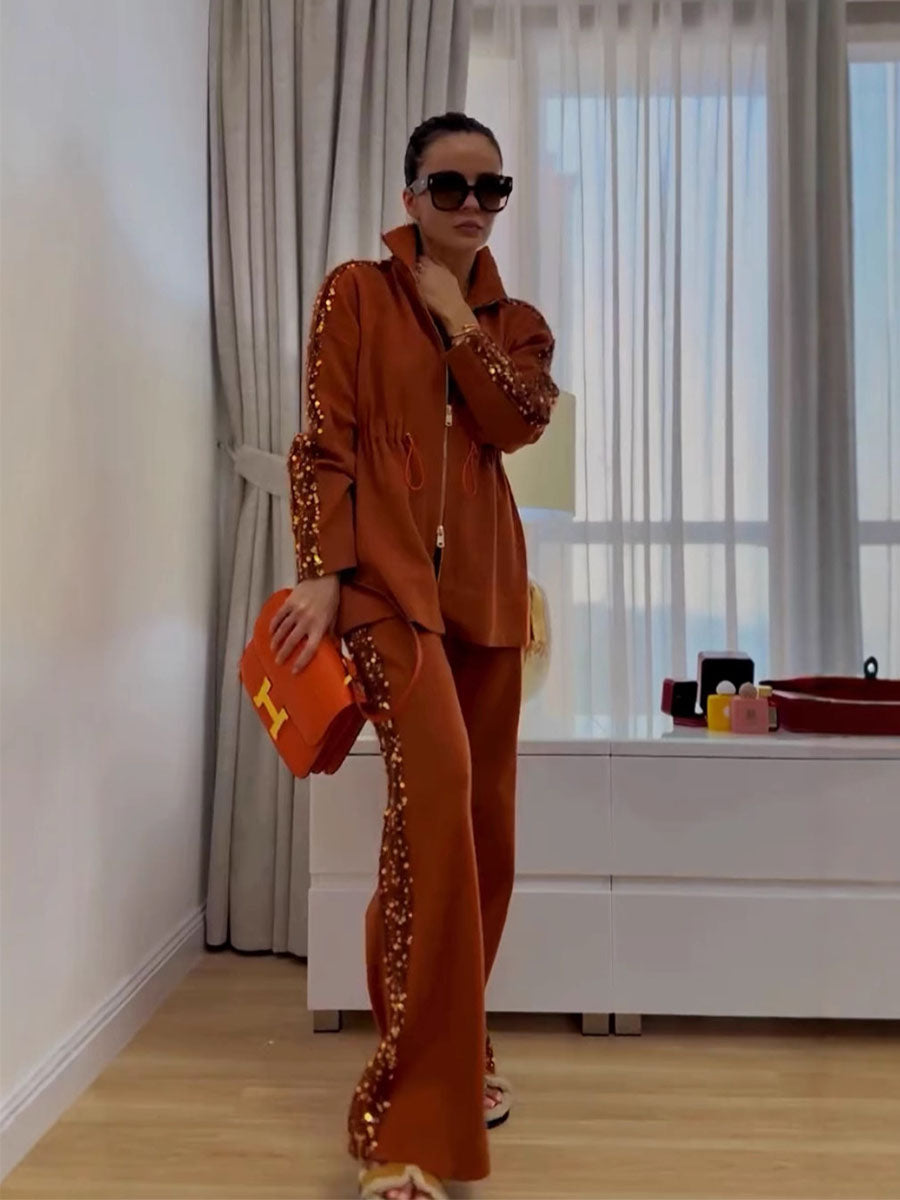 Sparkle Zip Coat Loose Pants Set