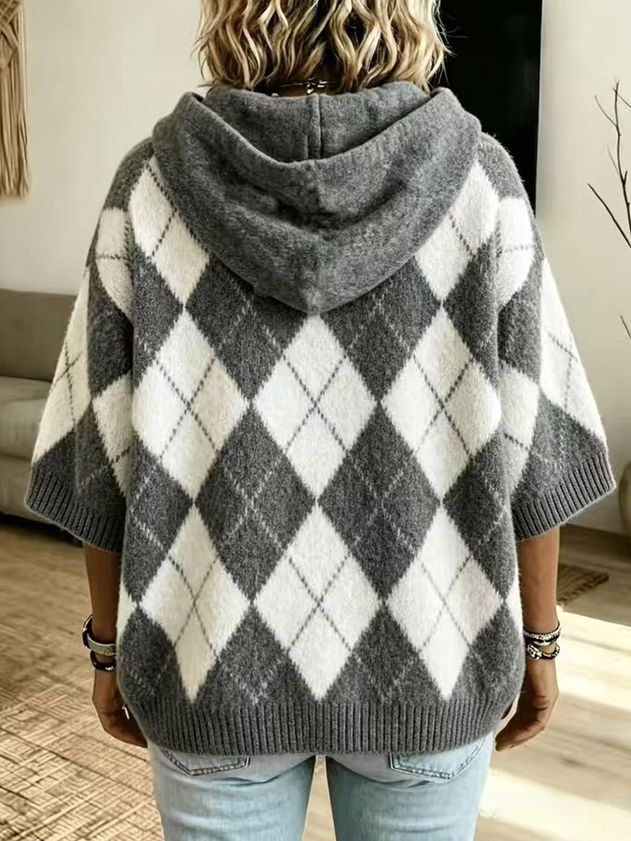 Brushed Argyle Hooded Cardigan