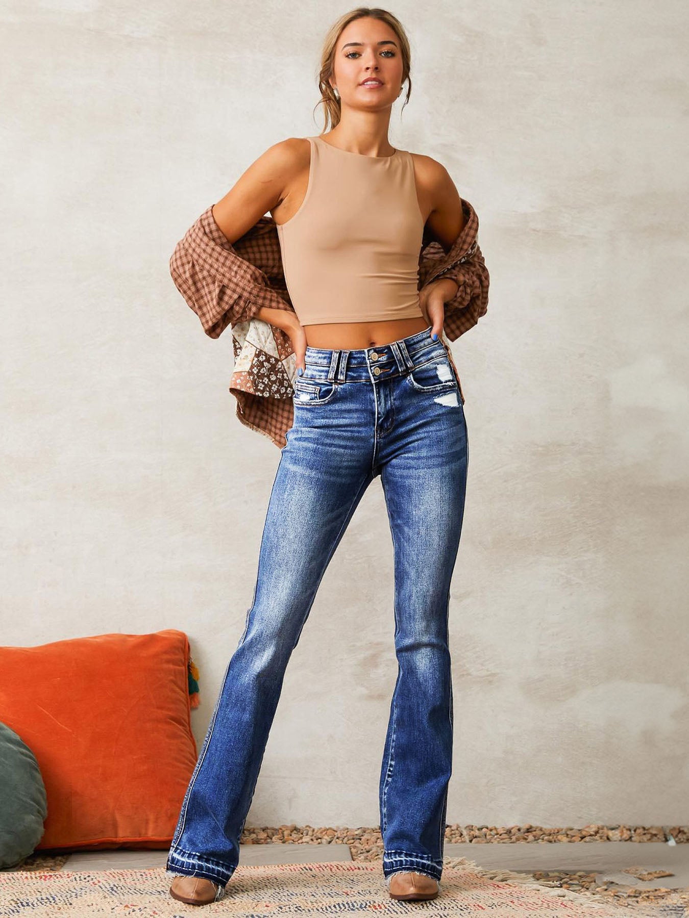 Ripped Stretch Denim Flare Jeans