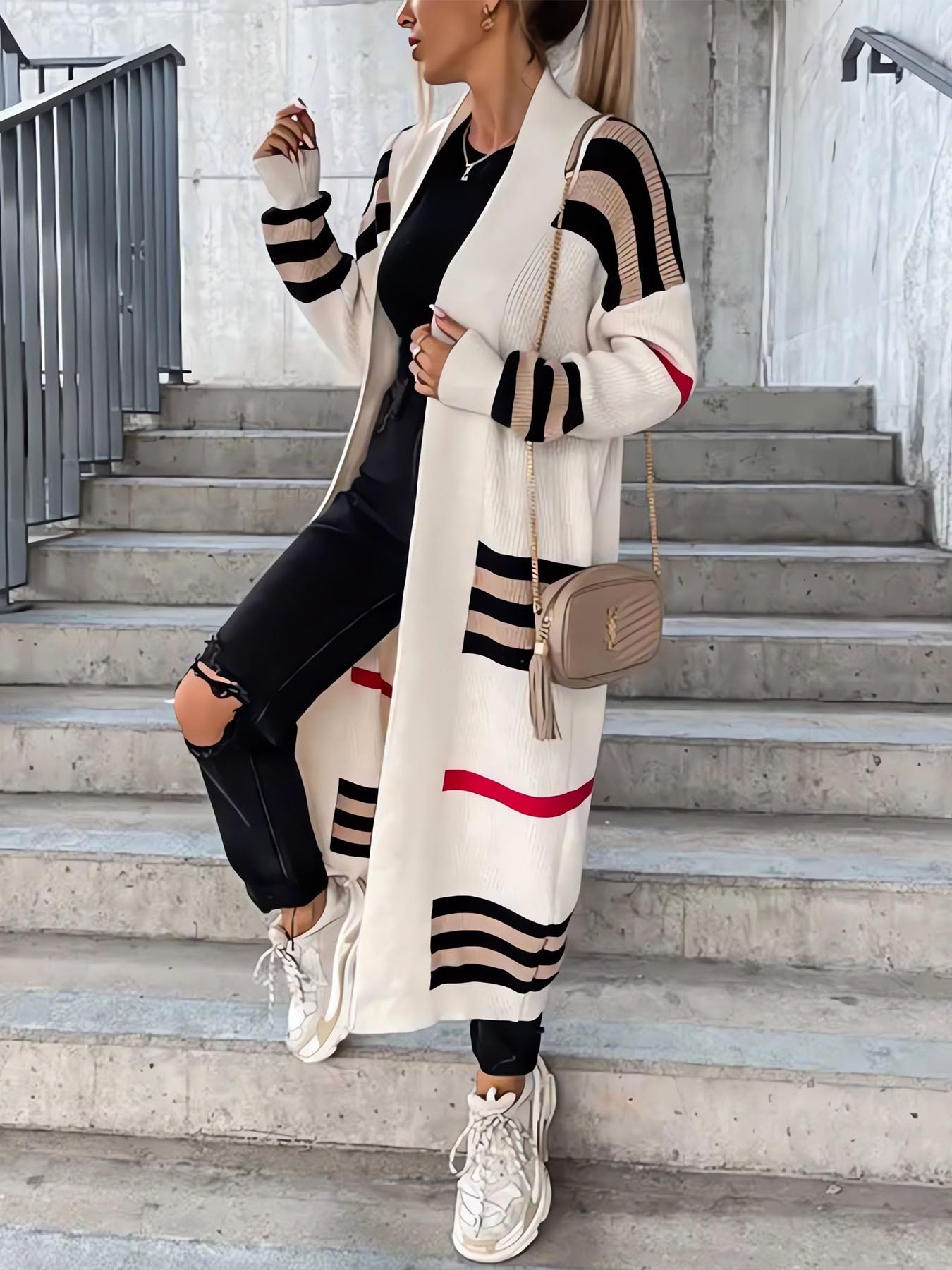 Long Striped Knit Cardigan