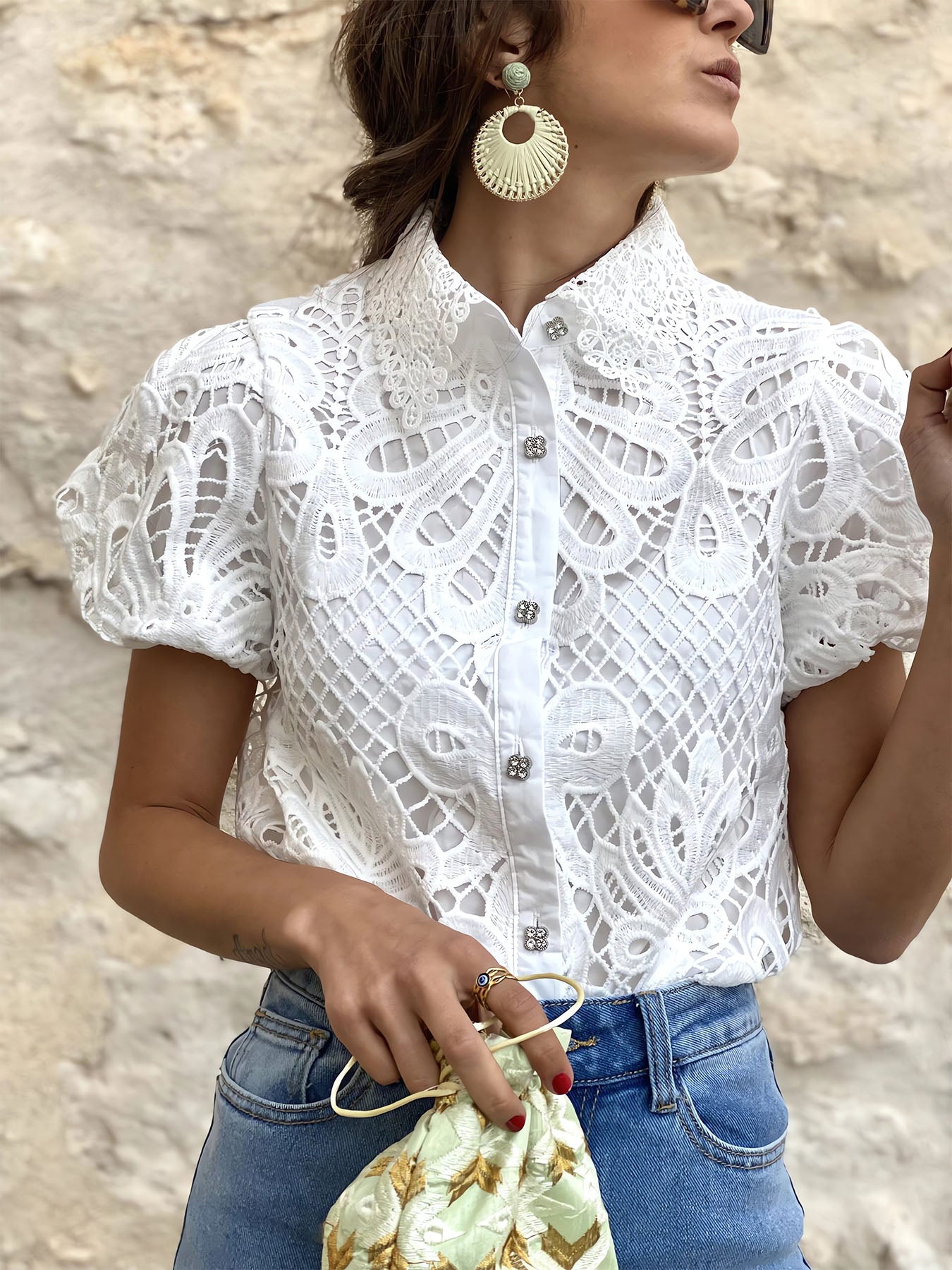Hollow Lace Collar Shirt