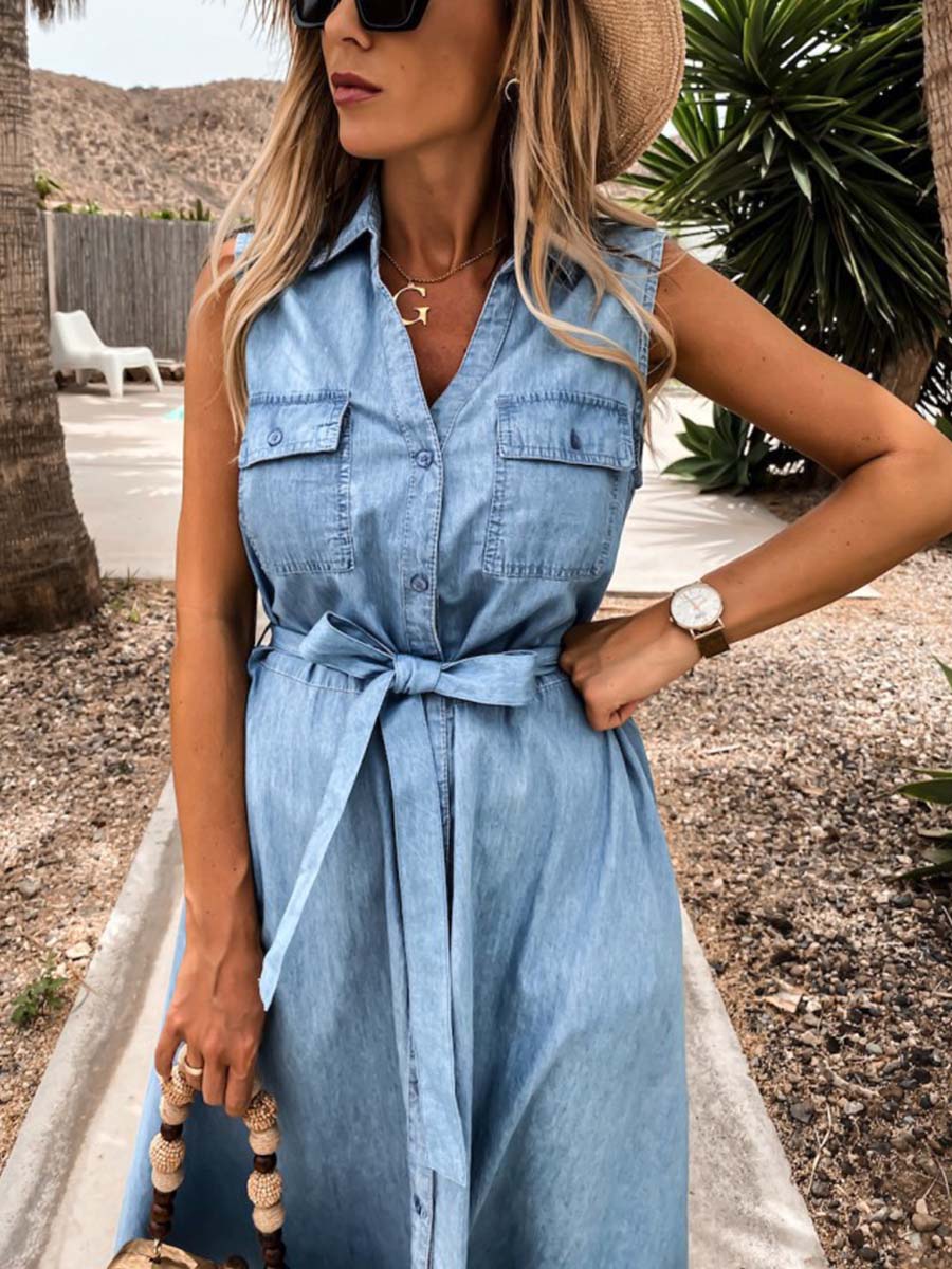 Single-Breasted Denim Belt Dress