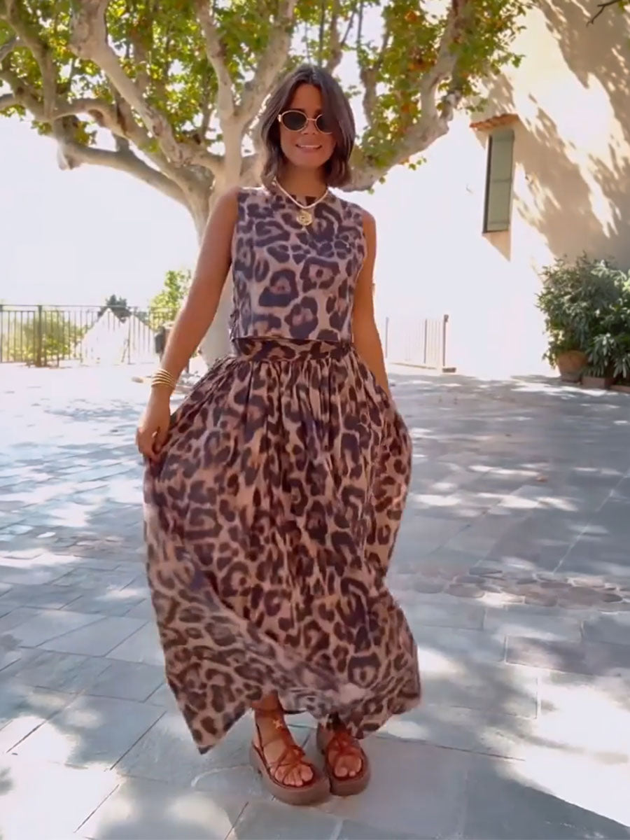 Chic Leopard Print Two Piece Maxi Set