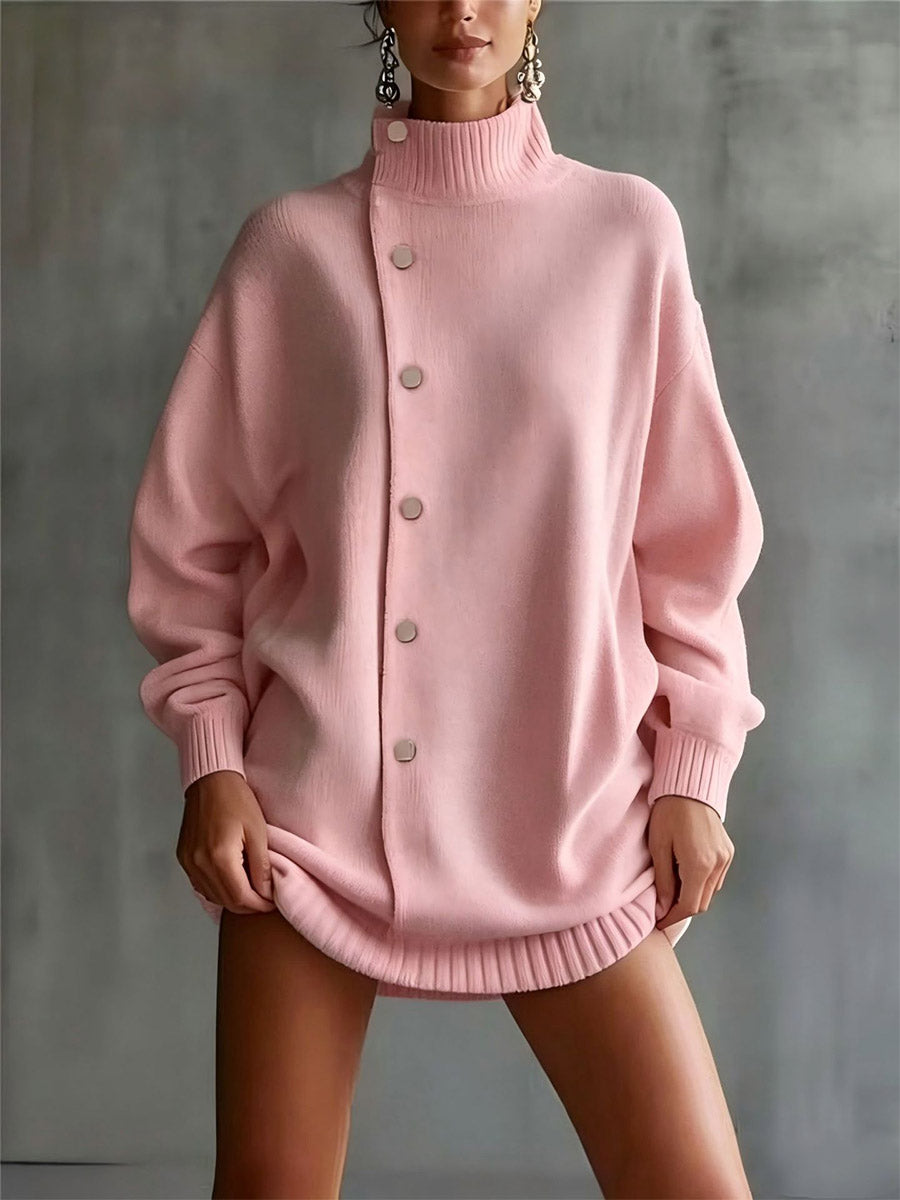 Asymmetric High Neck Button Sweater