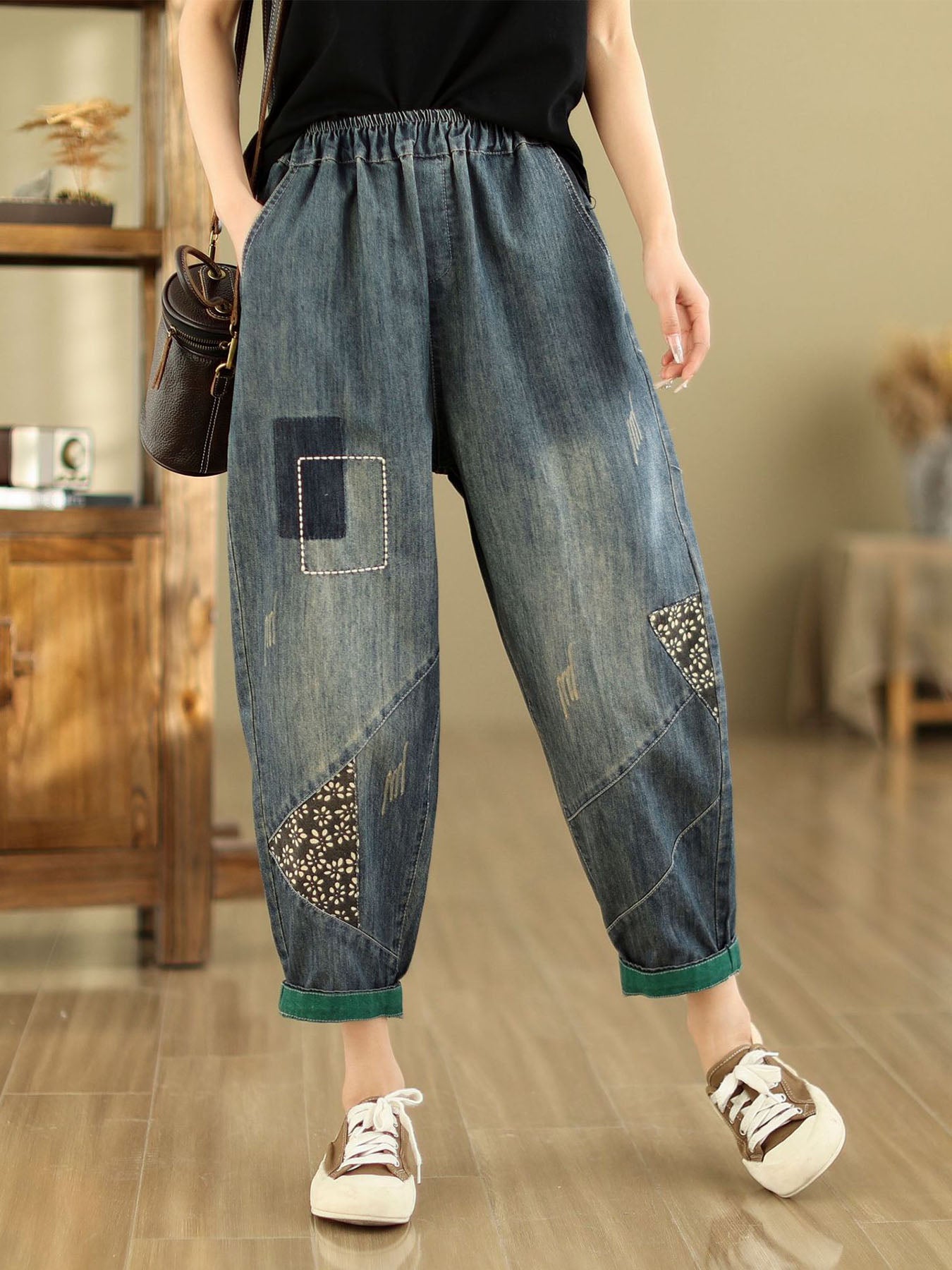 Pantalones harén vaqueros holgados bordados