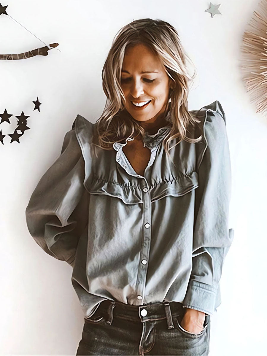 Denim Ruffle Blouse