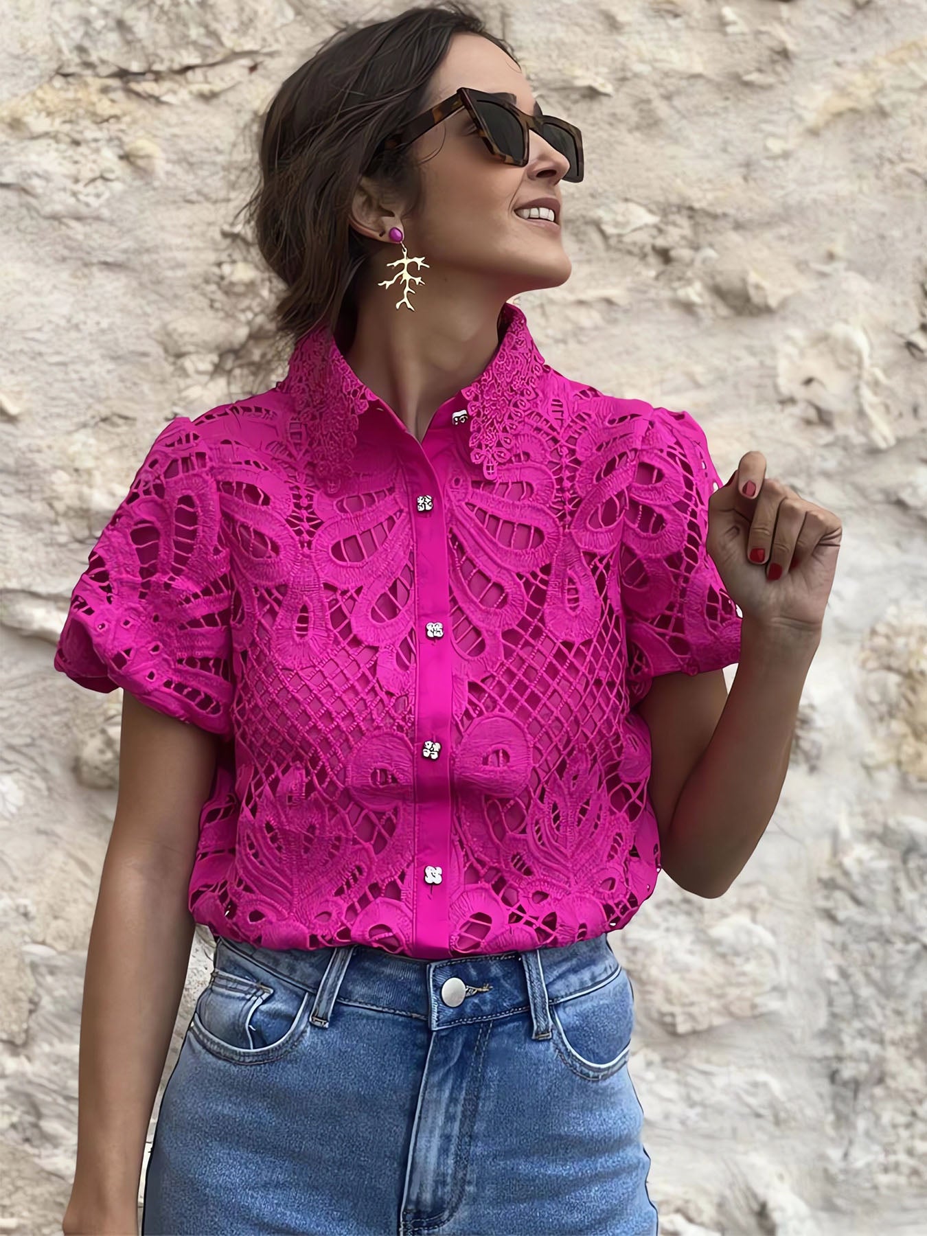 Hollow Lace Collar Shirt