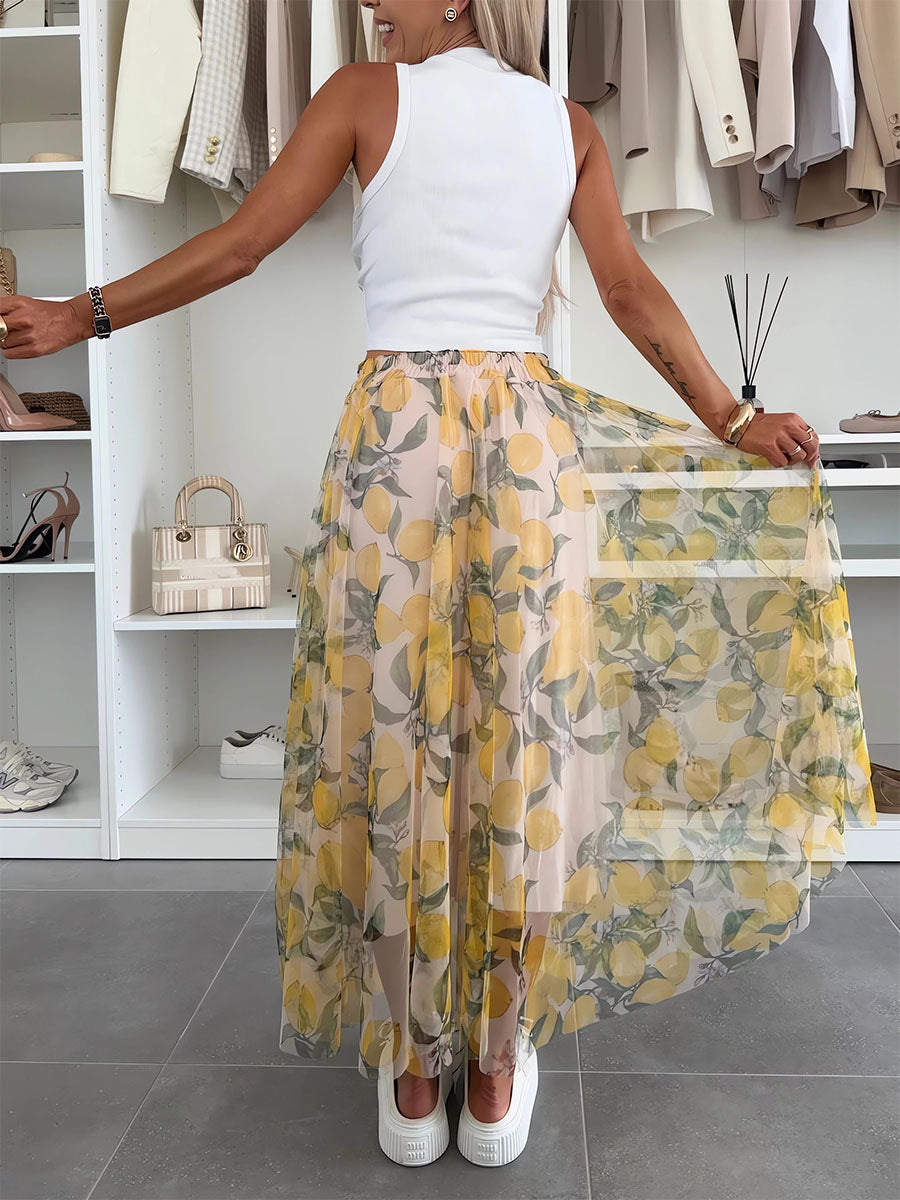Mesh Lemon Printed Skirt