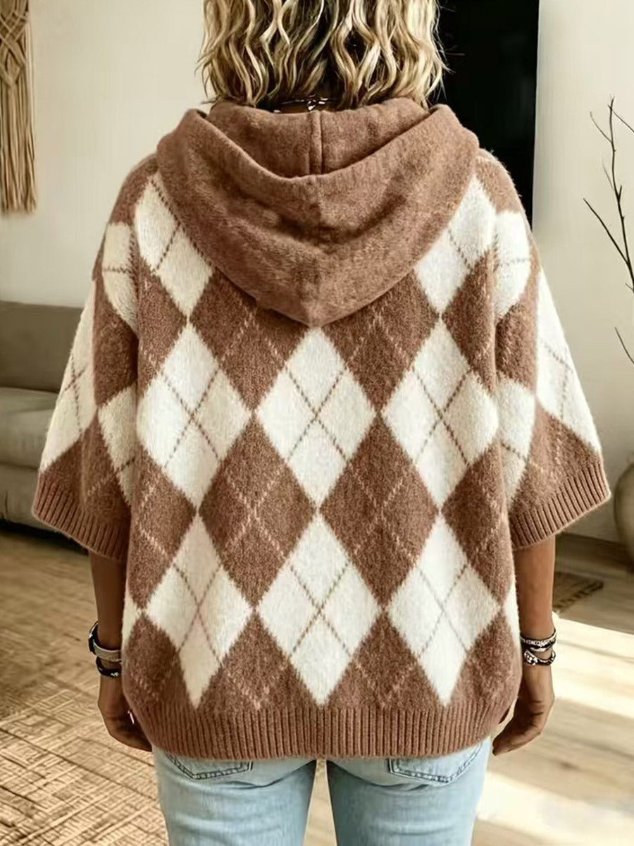 Brushed Argyle Hooded Cardigan
