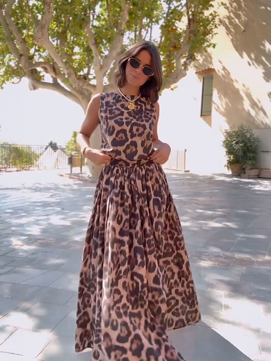 Chic Leopard Print Two Piece Maxi Set