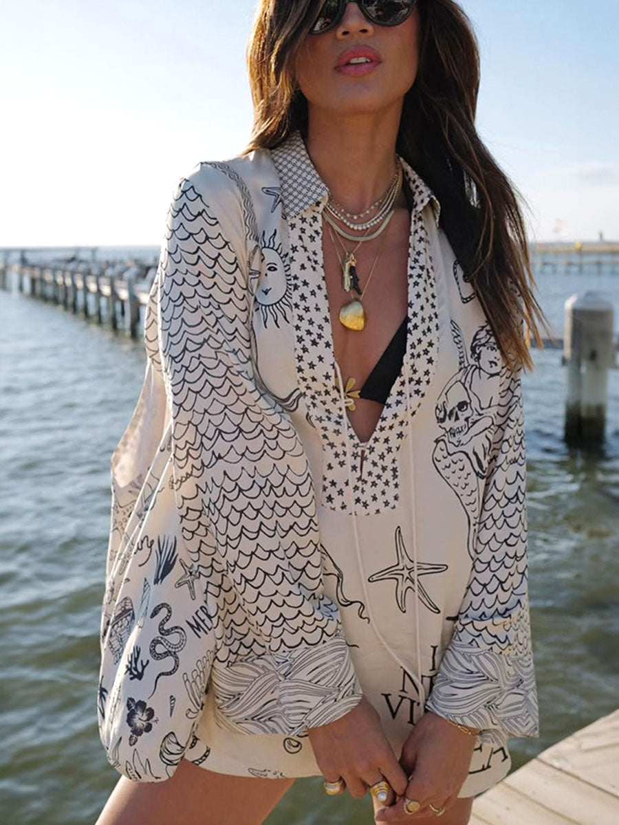 Ocean Mood Sketch Satin Two Sets