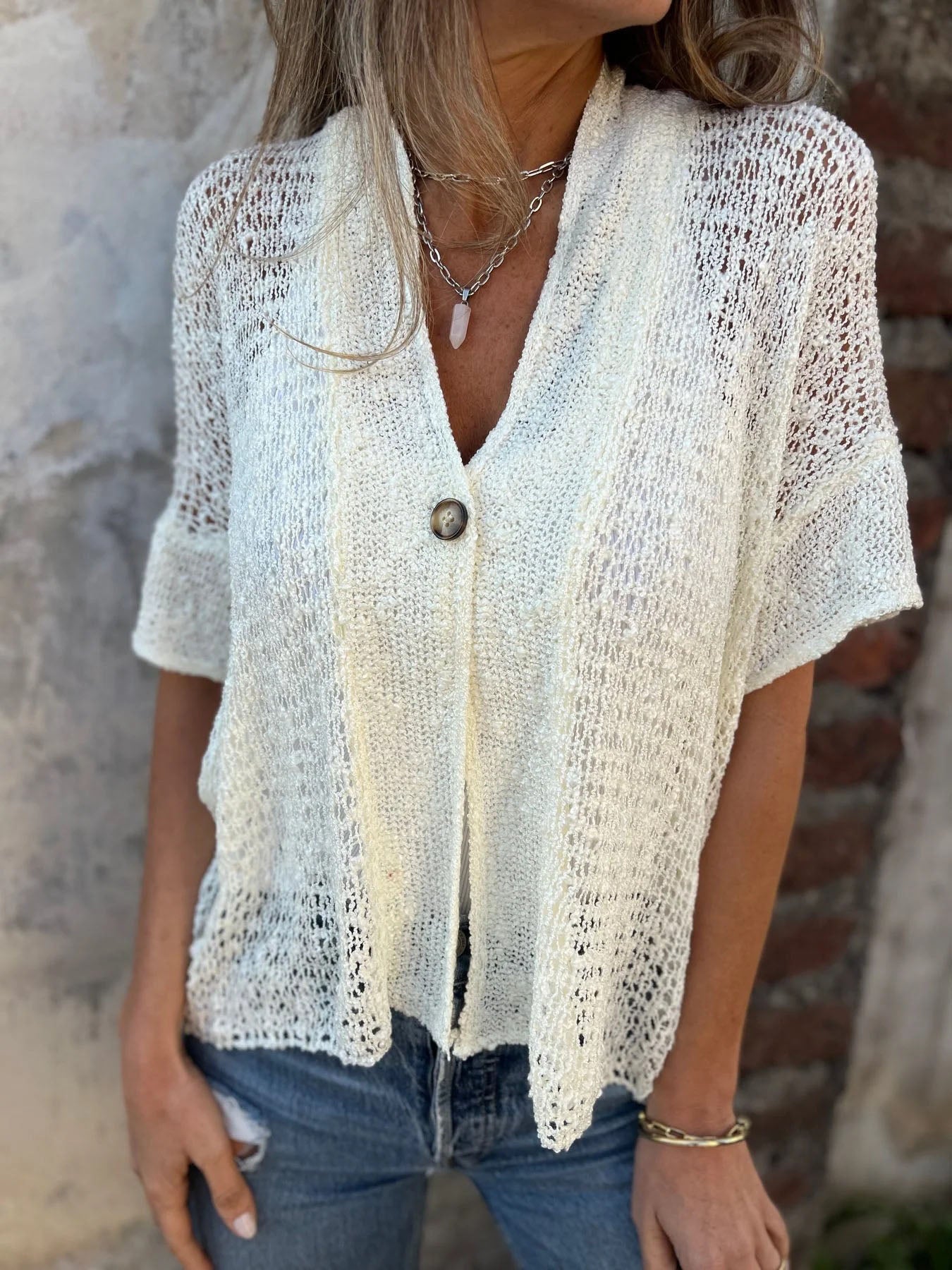 One Button Hollow Knit Tops