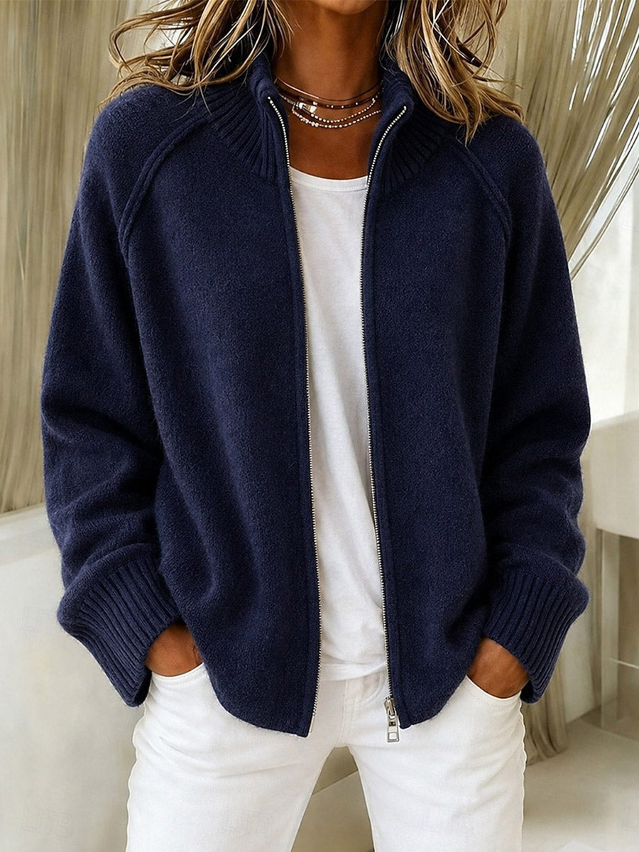 High-Neck Zip-Up Knit Jacket