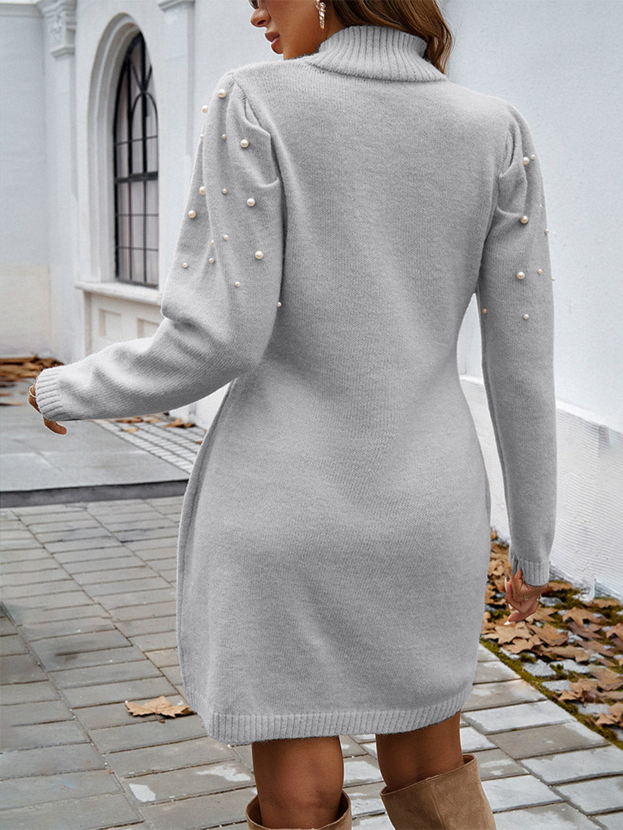 Pearl Puff Sleeve Turtleneck Sweater Dress