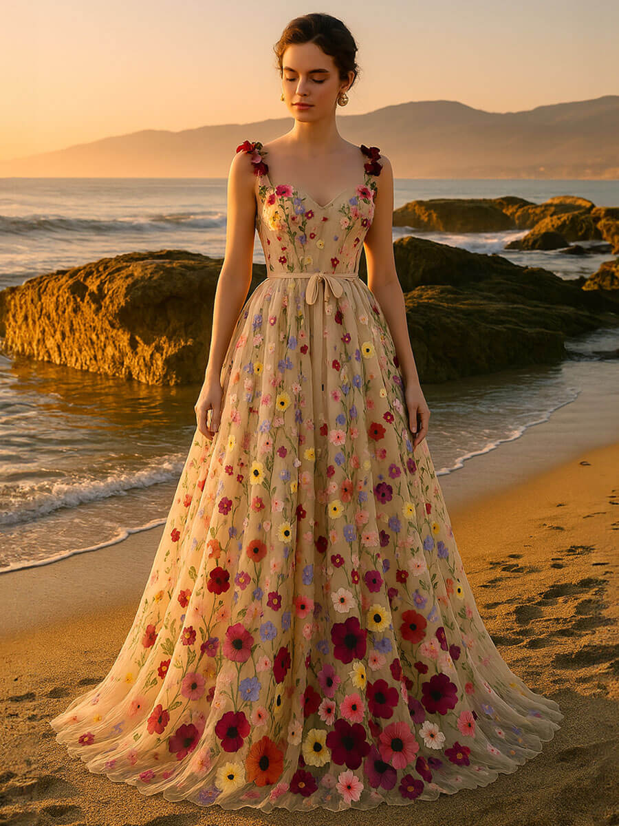 Vestido largo romántico y sexy con flores