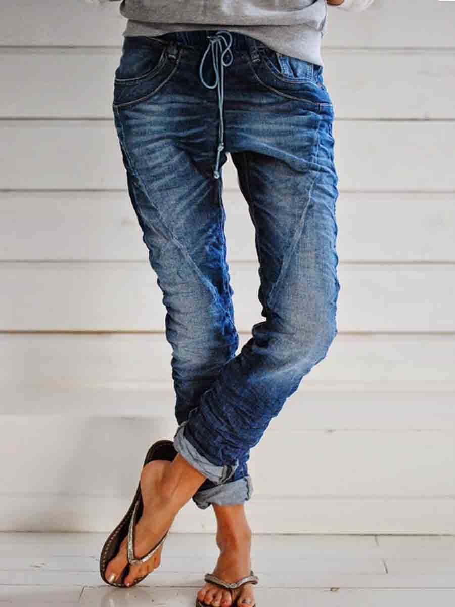 Vorioal Casual Pockets Self-tie Jeans