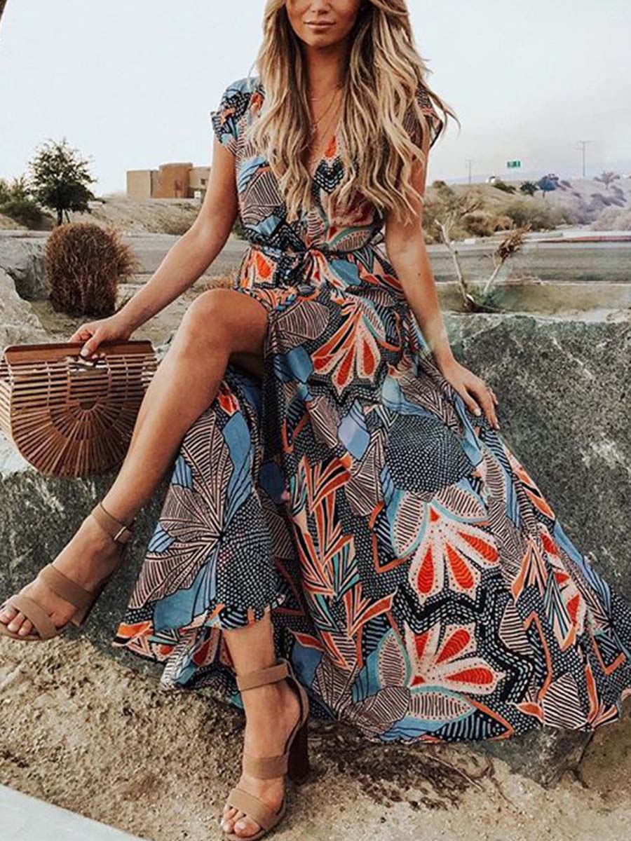 Vorioal Bohemian V Neck Printed Maxi Dress