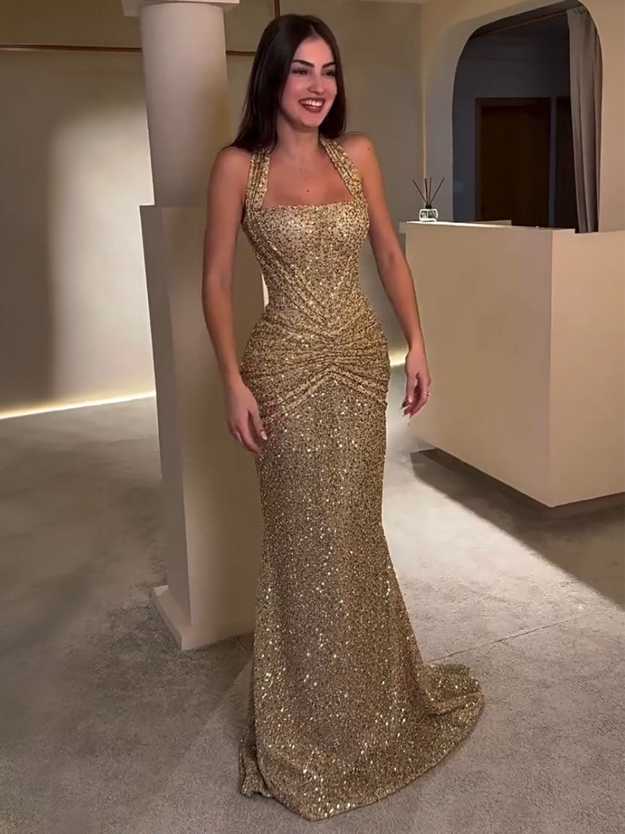 Gold Sequin Ruched Mermaid Gown