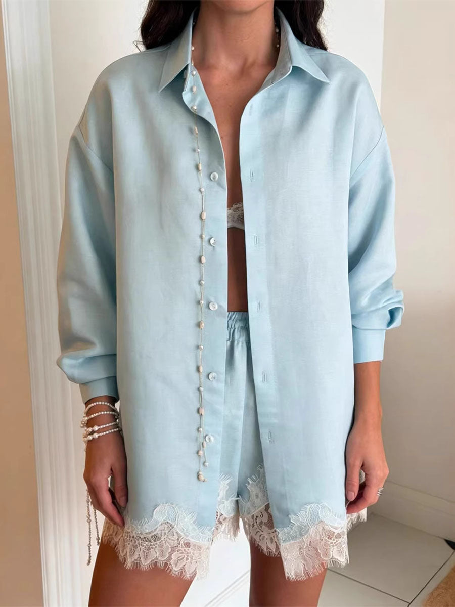 Relaxed Lace-Hem Shirt Set