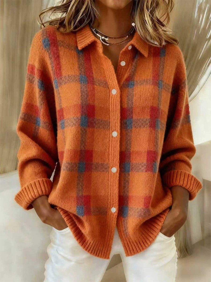 Retro Plaid Collared Knit Cardigan