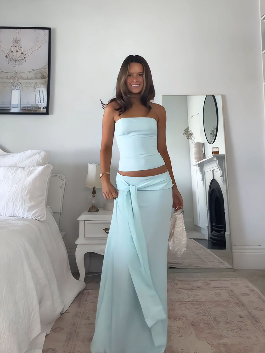 Clean Elegant Strapless Draped Skirt Set