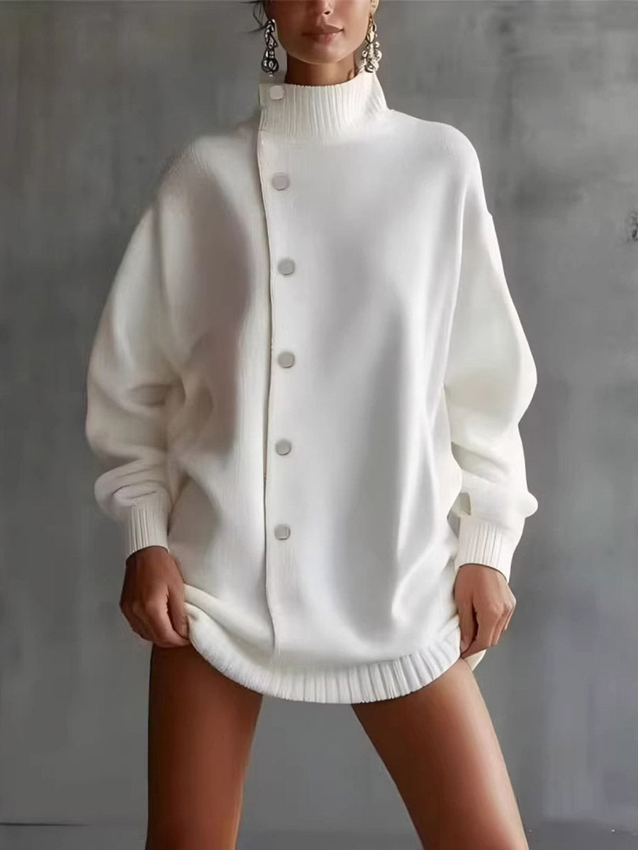 Asymmetric High Neck Button Sweater