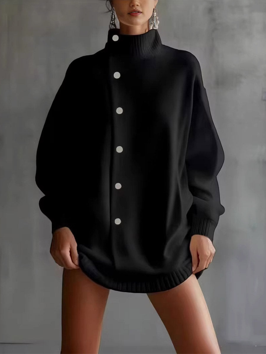 Asymmetric High Neck Button Sweater