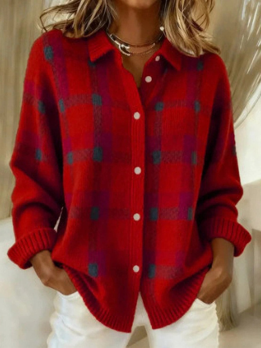 Brushed Plaid Knit Cardigan