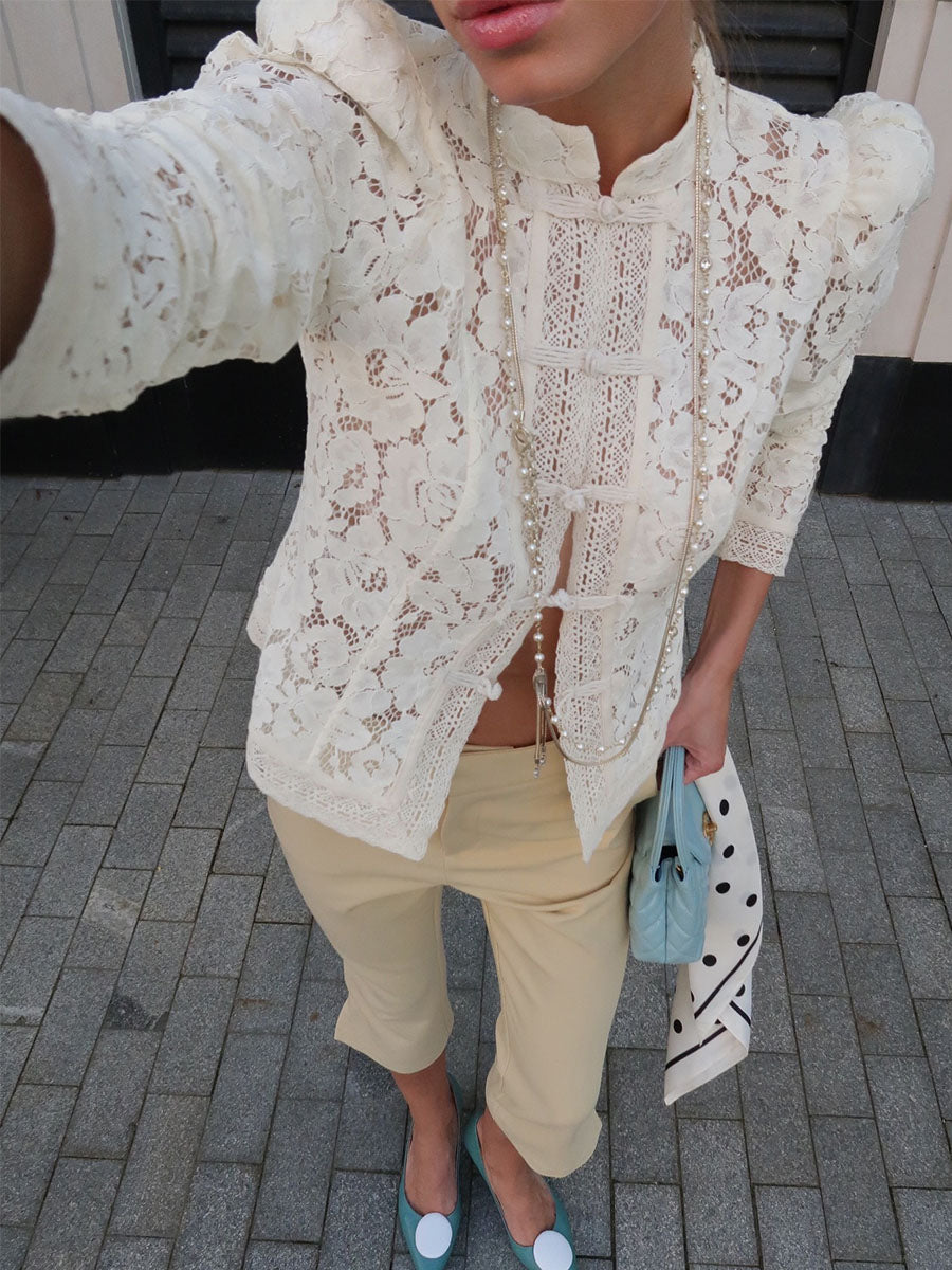 Lace Puff-Sleeve Cotton Tops
