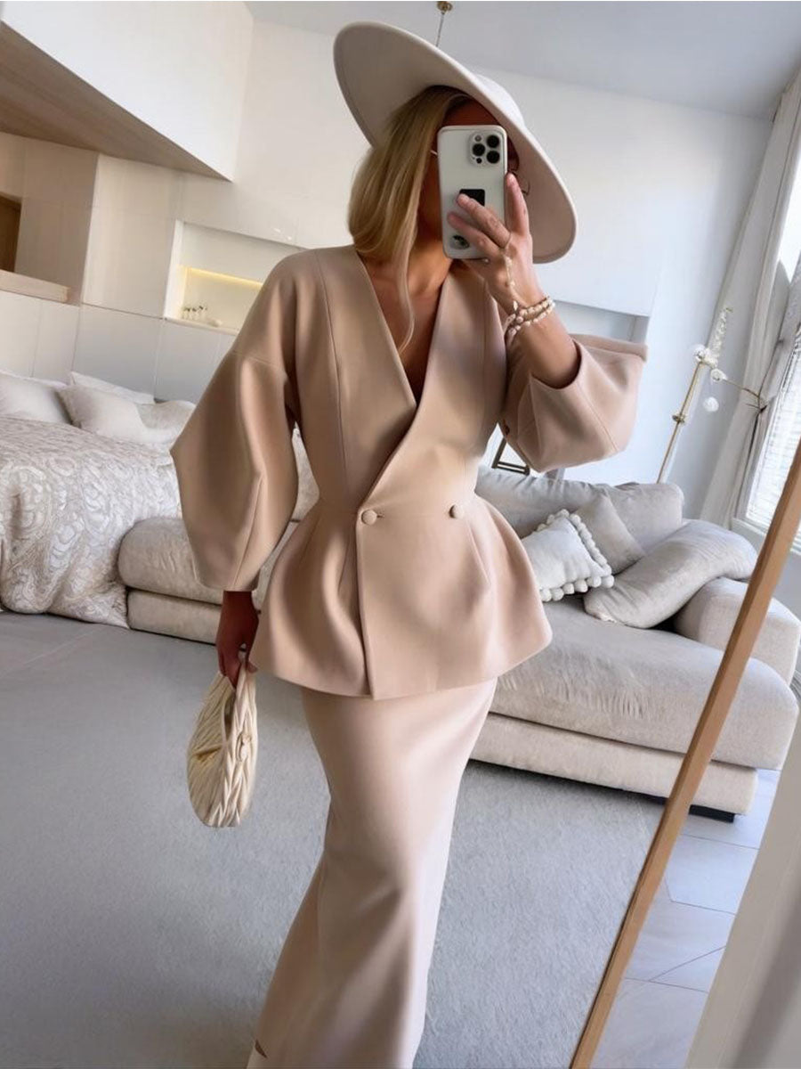 Sculpted Elegance Blazer Skirt Suit