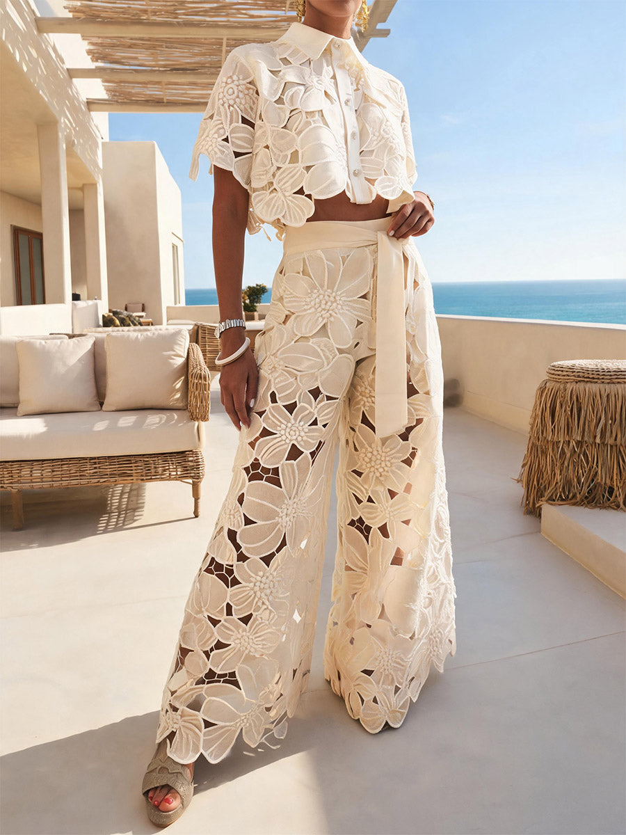 Openwork Bloom Shirt & Pants Set