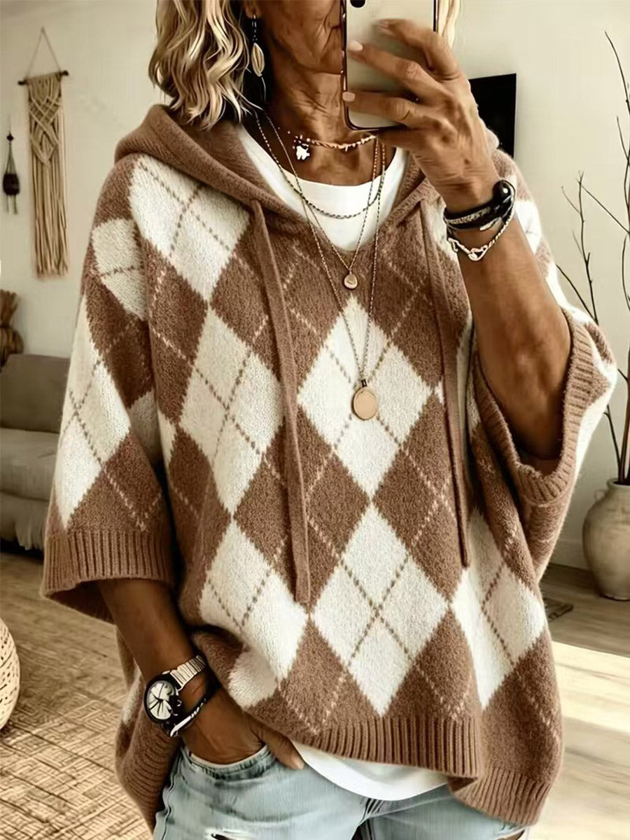 Brushed Argyle Hooded Cardigan