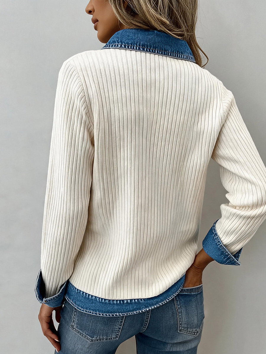 Clean Denim Trim Ribbed Knit Tops