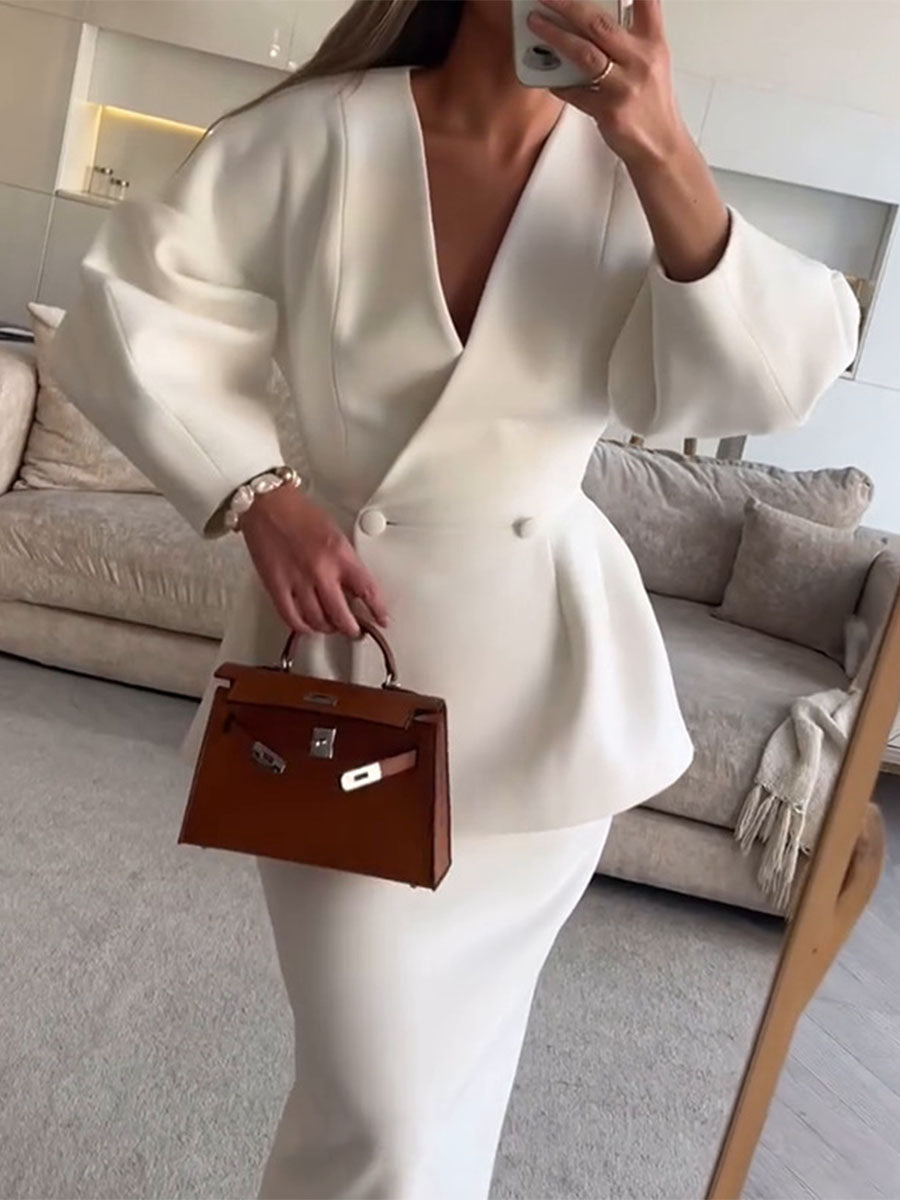 Sculpted Elegance Blazer Skirt Suit