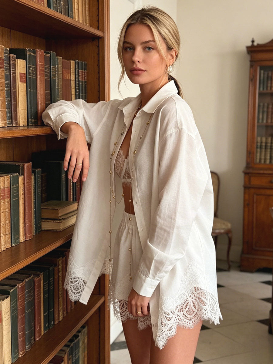 Relaxed Lace-Hem Shirt Set